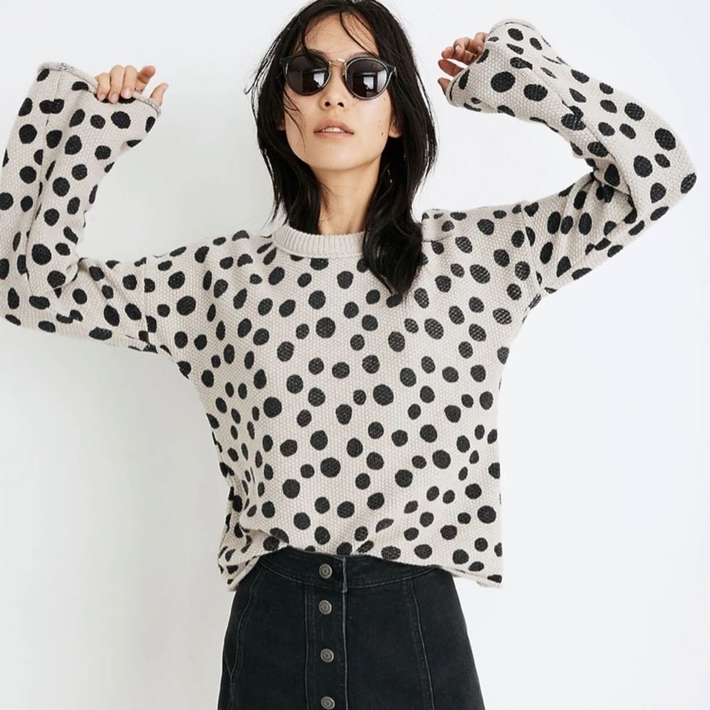 Madewell Cream and Black Polka Dot Crewneck Sweater